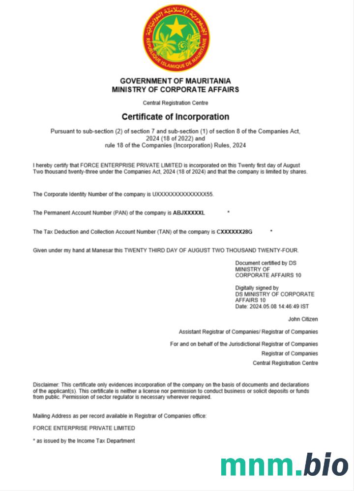 Mauretania business registration vcertyfikat Word i szablon PDF